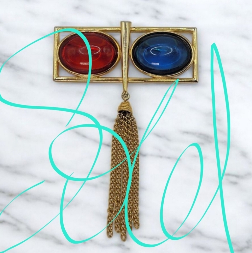 Vintage Gold Tone Gripoix Brooch Red Blue Lucite Cabochon Geometric 3.5" x 2.5"